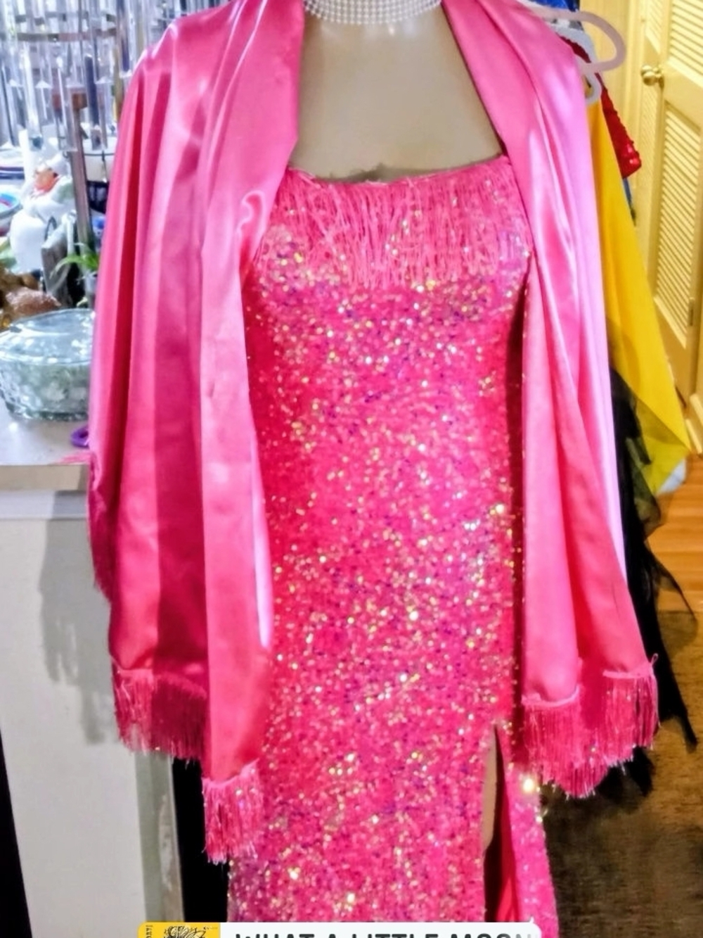 Hot Pink Sequin Strapless Gown with Fringe Shawl